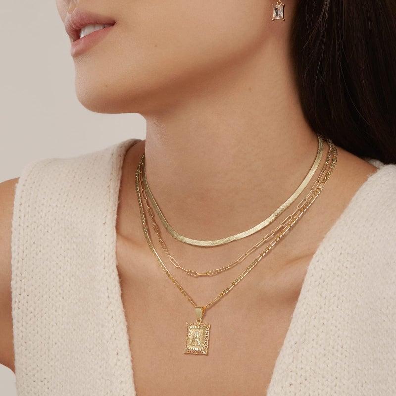 KissYan Gold Layered Initial Necklace Set for Womens, 14K Gold Plated Letter A Pendant Necklaces Paperclip Snake Choker Alphabets from A-Z Figaro Chain Jewellery Gift - Image 4