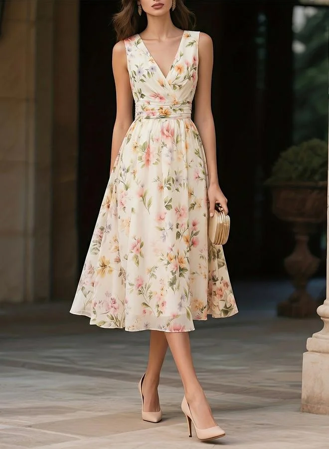 Floral Print Sleeveless A-Line Midi Dress