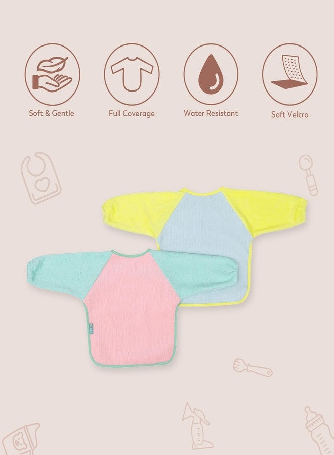 Mi Arcus Cotton Full Sleeve Water Resistant Coverall Feeding Bibs/Apron with Velcro Closure for Baby Boys Girls 9M -12 M(Pk of 2) - Pastel Multi - Image 3