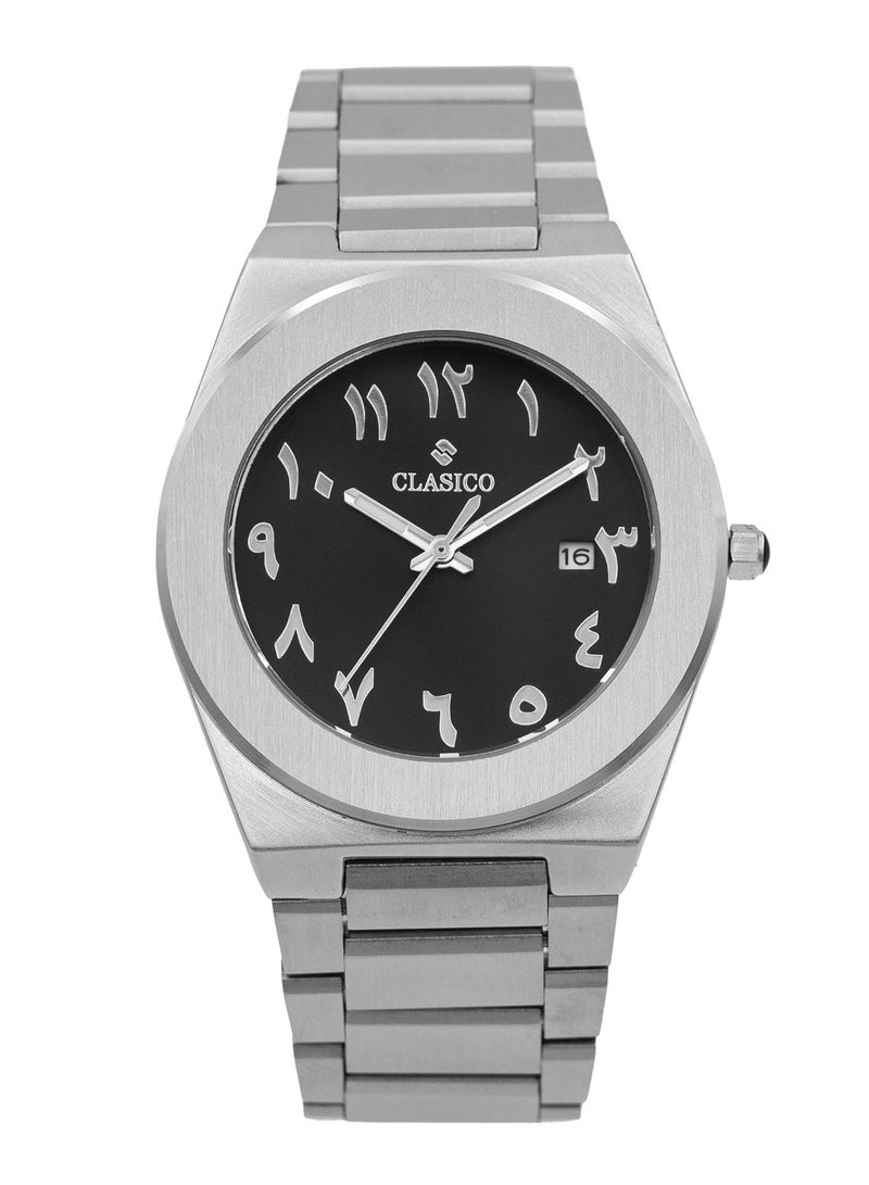Clasico ⏱️ ساعة يد أنالوج للرجال من الفولاذ المقاوم للصدأ - حركة كوارتز | تصميم قوي | تشطيب فضي فاخر | قرص أسود - Image 1