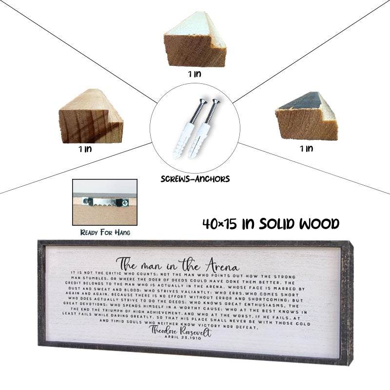 Surfapans The Man In The Arena Wall Decor 40"x15" Morden Office Motivational Wood Framed Sign For Men Large Farmhouse Living Room Inspirational Quotes Positive Speech Home Wall Decoration (Black) - Image 2