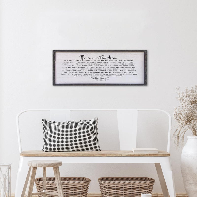Surfapans The Man In The Arena Wall Decor 40"x15" Morden Office Motivational Wood Framed Sign For Men Large Farmhouse Living Room Inspirational Quotes Positive Speech Home Wall Decoration (Black) - Image 3
