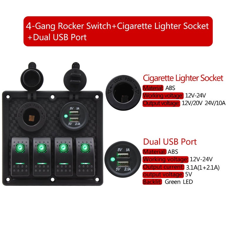 FXC Waterproof Marine Boat Rocker Switch Panel 4 Gang with Dual USB Slot Socket + Cigarette Lighter LED Light for Car Rv Vehicles Truck (4 Gang Green Light) - Image 2