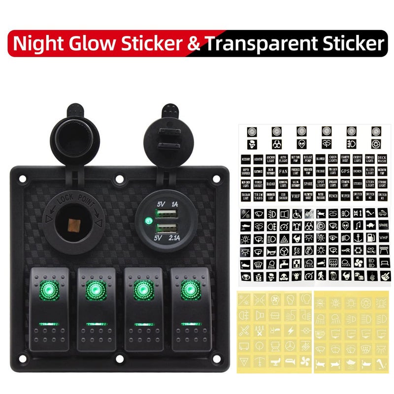 FXC Waterproof Marine Boat Rocker Switch Panel 4 Gang with Dual USB Slot Socket + Cigarette Lighter LED Light for Car Rv Vehicles Truck (4 Gang Green Light) - Image 3