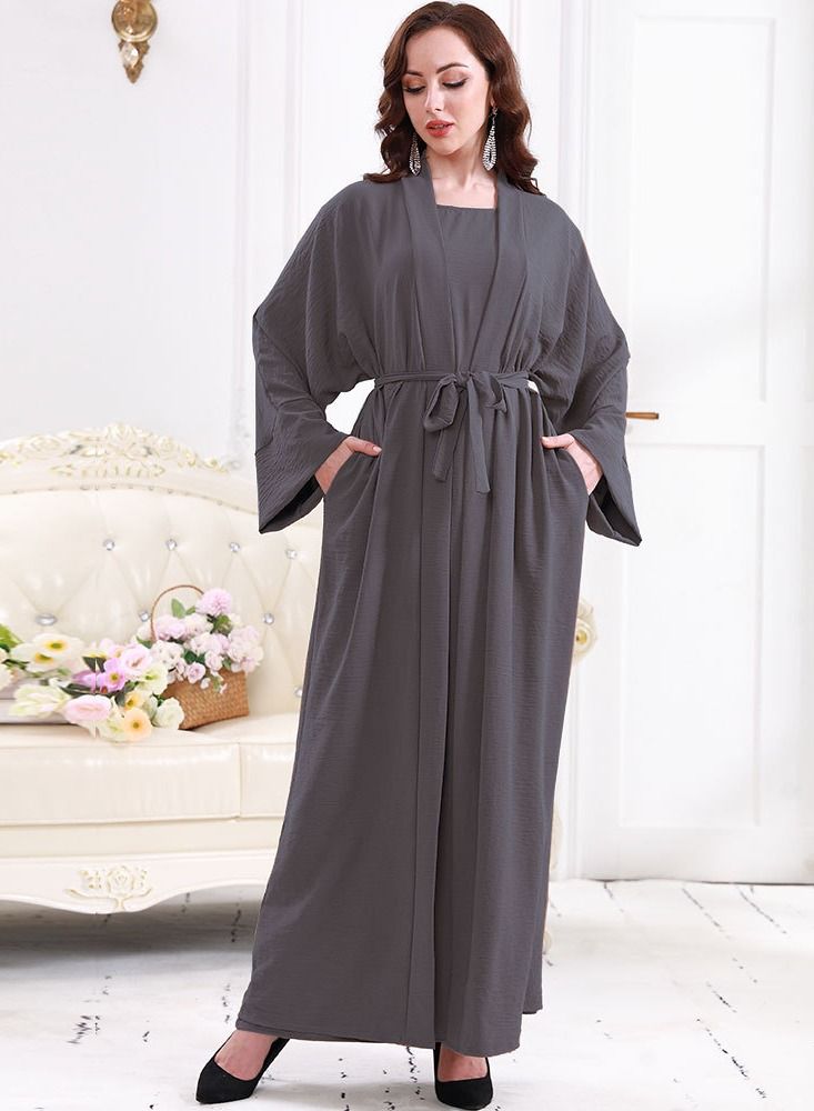 Loquat Women's Casual Long Dress Two-Piece Set Women's Solid Color Long Sleeves Abaya Suit Grey 