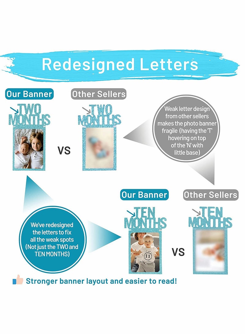 KASTWAVE 1st Birthday Photo Banner for Baby from Newborn to 12 Months First Birthday Decorations Boy or Girl Monthly Milestones Garland  First Birthday Photo Banner Pre strung with Frame (Blue) - Image 4