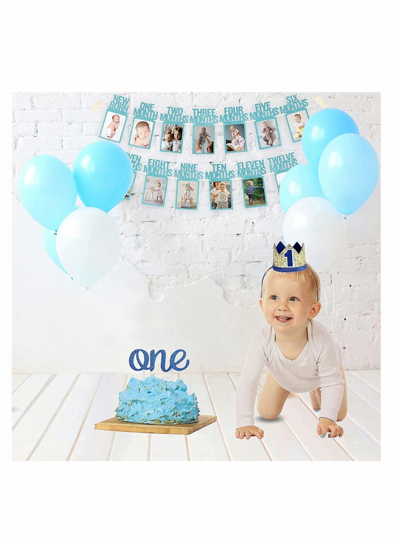KASTWAVE 1st Birthday Photo Banner for Baby from Newborn to 12 Months First Birthday Decorations Boy or Girl Monthly Milestones Garland  First Birthday Photo Banner Pre strung with Frame (Blue) - Image 5