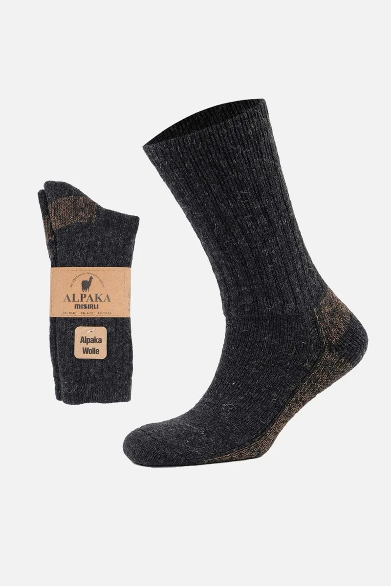Mısırlı Egyptian Unisex Alpaca Wool Towel Winter Anthracite/beige Socket Socks - M 6005-AB