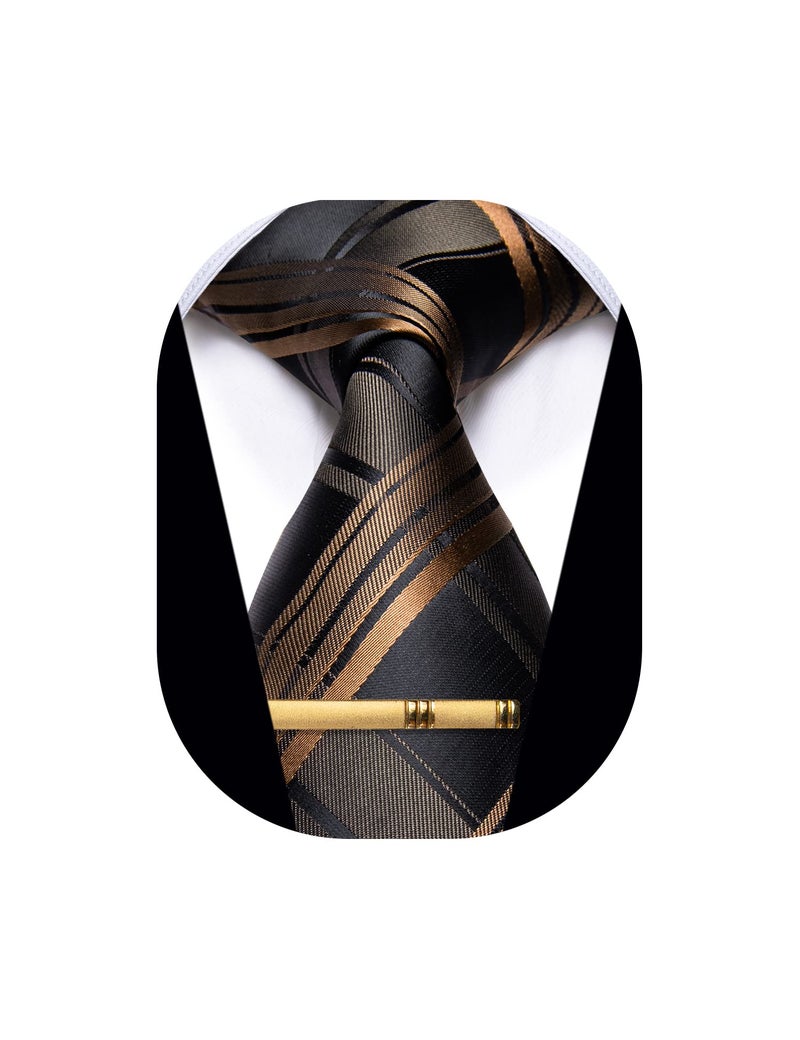 YourTies Mens Neckties Silk Classic Brown Striped Ties for Men with Tie Clip Formal Bussiness - Image 1