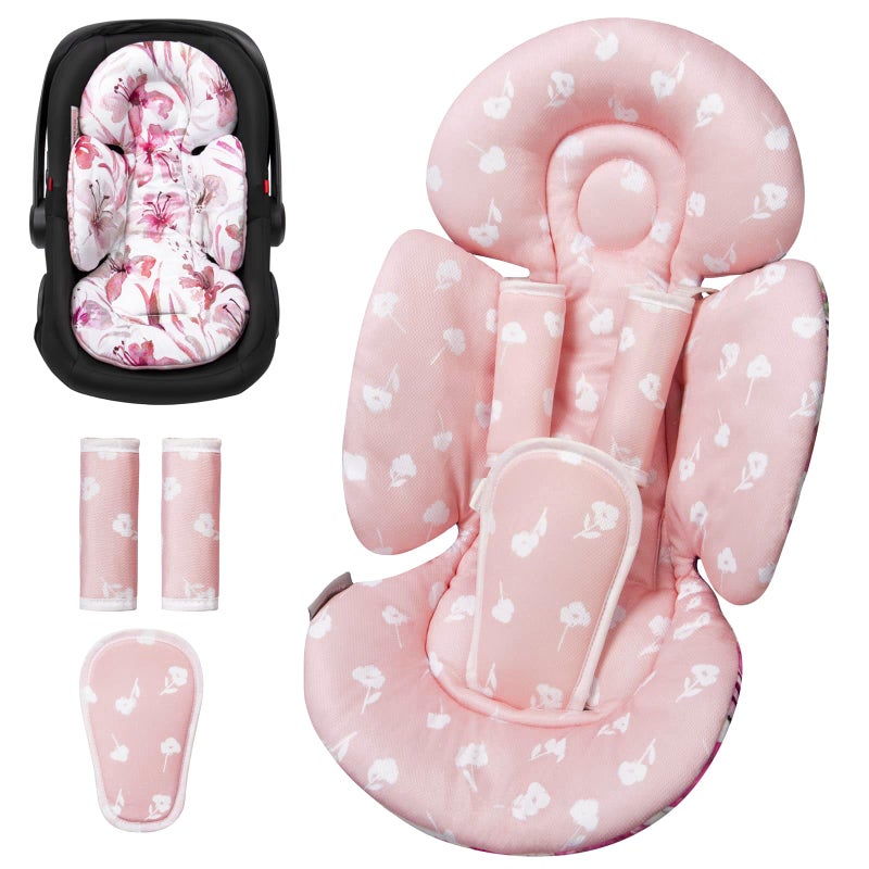 TinlyFinly Newborn Car Seat Insert, Head and Body Support, Reversible Infant Insert Compatible with Baby Carseat, Stroller, Mamaroo Swing, Rocker, Bouncer. Baby Car Seat Cushion - Pink Floral - Image 1