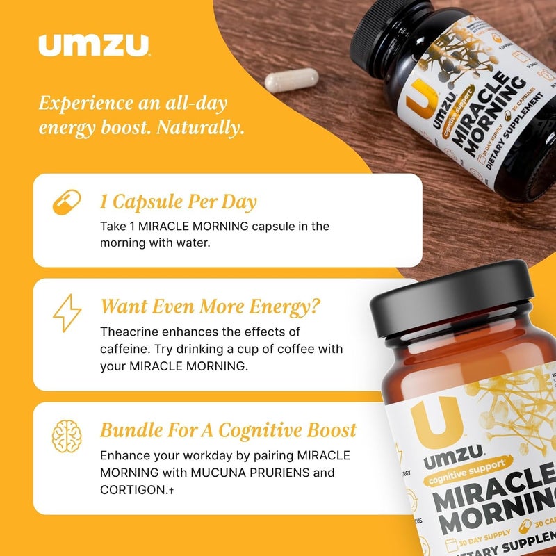 UMZU مكمل طاقة صباح المعجزة من UMZU مع الكافيين ومعززات الطاقة | 150 ملغ من الكافيين تدعم التركيز والإنتاجية والمزاج طوال اليوم (إمداد لمدة 30 يومًا | 30 كبسولة) - Image 2