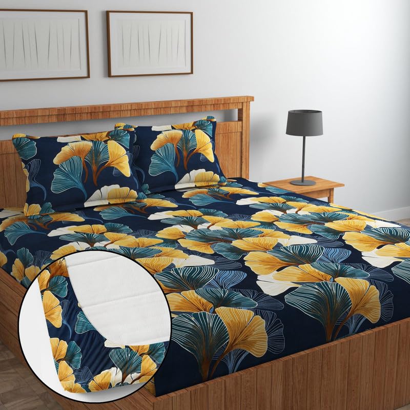 NEW LEAF 220 TC Cotton Fitted Bedsheets with 2 Pillow Covers|King Size Bed with All Around Rubber Supersoft Breathable Wrinlfree |Size-78 x 72 + 10 inches |Floral Blue and Beige