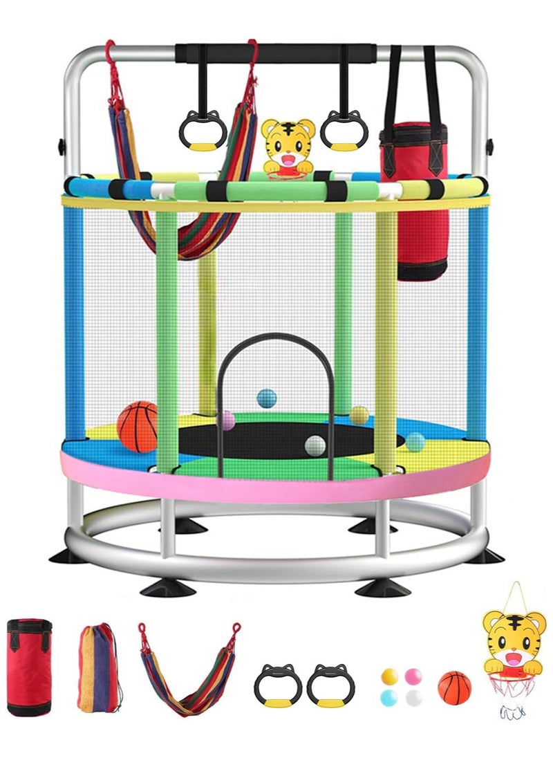 XiuWoo Trampoline for Kids, 140cm Toddler Trampoline Indoor and Outdoor,Load Bearing 250kg Kids Trampoline with Enclosure Net, Mini Trampoline with T-handrail Swing Sandbag Basketball Hoop Adjustable Gymnastics Bar,Yellow Green Blue  - Image 1