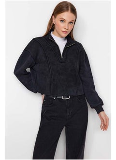 Weathered/Faded Effect Thick Fleece Inside Comfort Fit Crop Knitted Sweatshirt TWOAW24SW00243