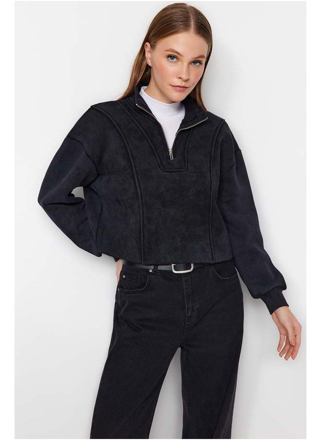 trendyol - Weathered/Faded Effect Thick Fleece Inside Comfort Fit Crop Knitted Sweatshirt TWOAW24SW00243 - Image 1