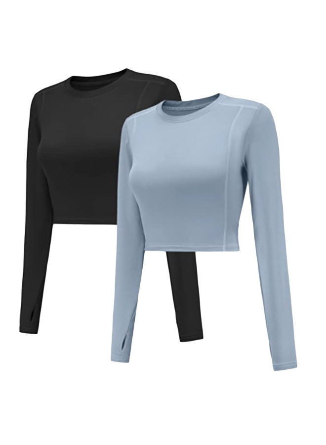 Women's Clothing European And American Summer Thin Sports Tops Slimming Elastic Long-sleeved T-shirts 2-piece Set