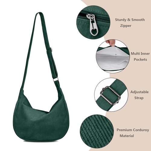 FITDON Corduroy Crescent Crossbody Bag for Women Men, Small Sling Hobos Crossbody Bag Dumpling Bag Crescent Purse with Adjustable Strap, Green - Image 2