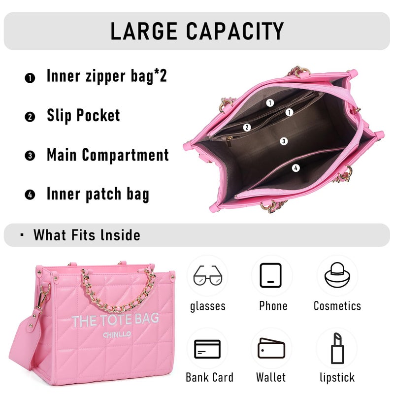 Chinllo Tote Bag for Women Quilted Chains Satchel Purse and Handbags with Shoulder Strap (E.Pink-S) - Image 4
