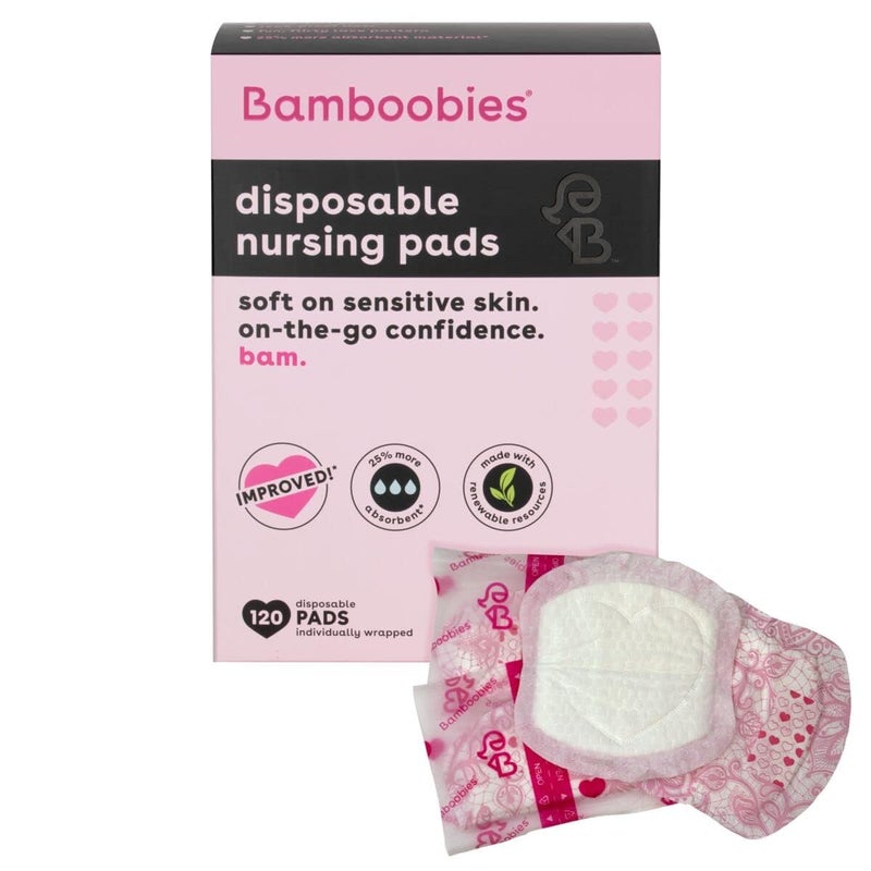 Bamboobies Disposable Nursing Pads for Breastfeeding & Sensitive Skin, Super-Absorbent Milk Proof Pads, Perfect Baby Shower Gifts, 120 Count - Image 1