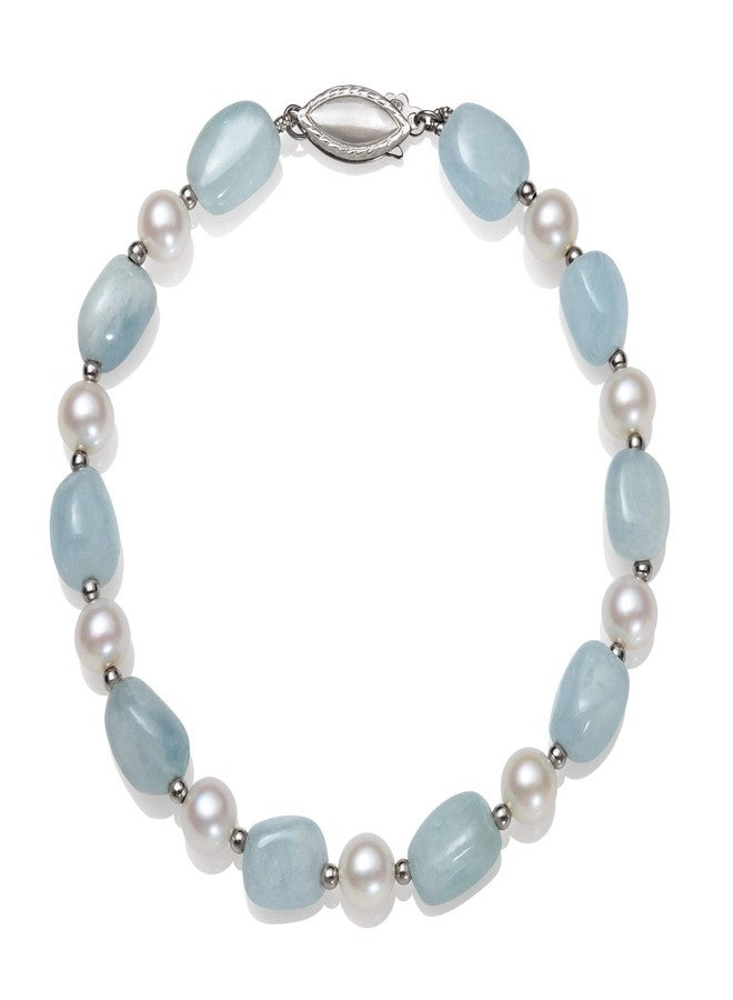 Belacqua Cultured Freshwater Pearl and Natural Milky Blue Aquamarine Strand Bracelet in Sterling Silver, Length - 7.5 Inches, Fishhook Clasp, Real Pearl Jewelry for Women, Gift Box Included - Image 1