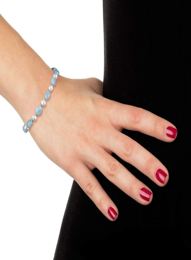 Belacqua Cultured Freshwater Pearl and Natural Milky Blue Aquamarine Strand Bracelet in Sterling Silver, Length - 7.5 Inches, Fishhook Clasp, Real Pearl Jewelry for Women, Gift Box Included - Image 3