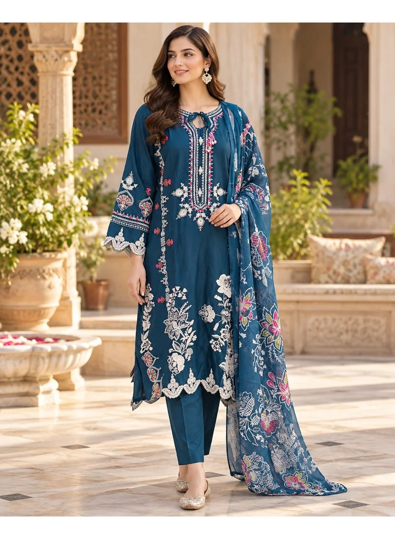 BAZM Women's Cambric Cotton Embroidered 3-Piece Suit Set