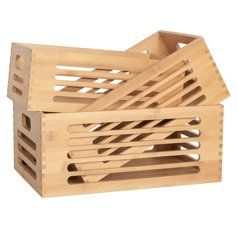 ANMINY 3PCS Bamboo Wood Storage Bins Natural Wooden Boxes Crates for Storage, Decorative Wooden Basket Container with Handles for Home Kitchen Shelf Cabinet Drawer - Image 1