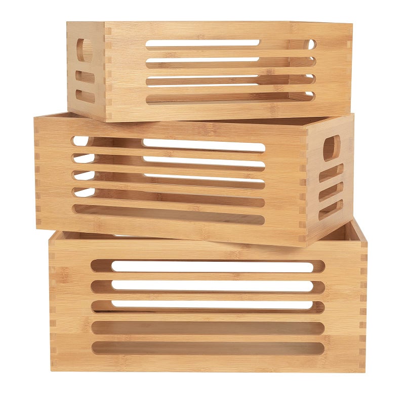 ANMINY 3PCS Bamboo Wood Storage Bins Natural Wooden Boxes Crates for Storage, Decorative Wooden Basket Container with Handles for Home Kitchen Shelf Cabinet Drawer - Image 2