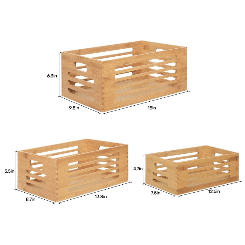 ANMINY 3PCS Bamboo Wood Storage Bins Natural Wooden Boxes Crates for Storage, Decorative Wooden Basket Container with Handles for Home Kitchen Shelf Cabinet Drawer - Image 5