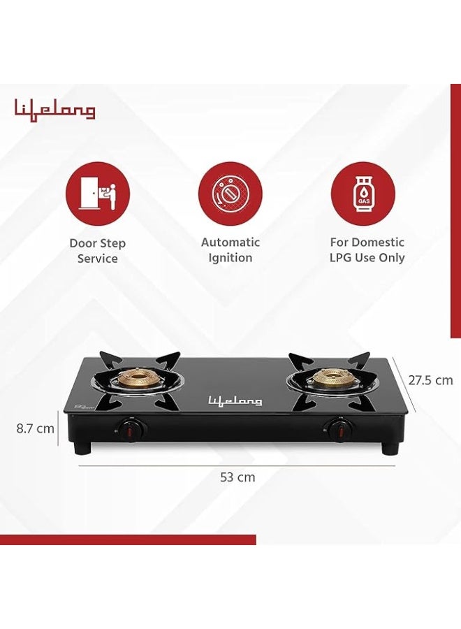 Lifelong 2 Burner Gas Stove Top for Kitchen - Automatic Ignition Cooktop Modern Glass Stove for Modular Kitchen, ISI Certified & Compatible with LPG - 1 Year Manufacturer's (Black, LLGS912) - Image 3