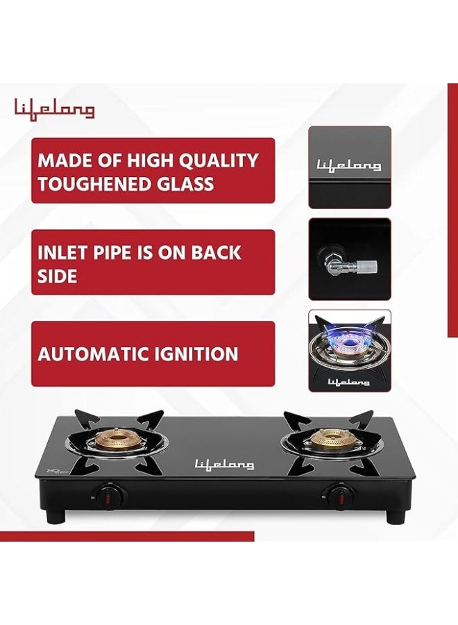 Lifelong 2 Burner Gas Stove Top for Kitchen - Automatic Ignition Cooktop Modern Glass Stove for Modular Kitchen, ISI Certified & Compatible with LPG - 1 Year Manufacturer's (Black, LLGS912) - Image 4