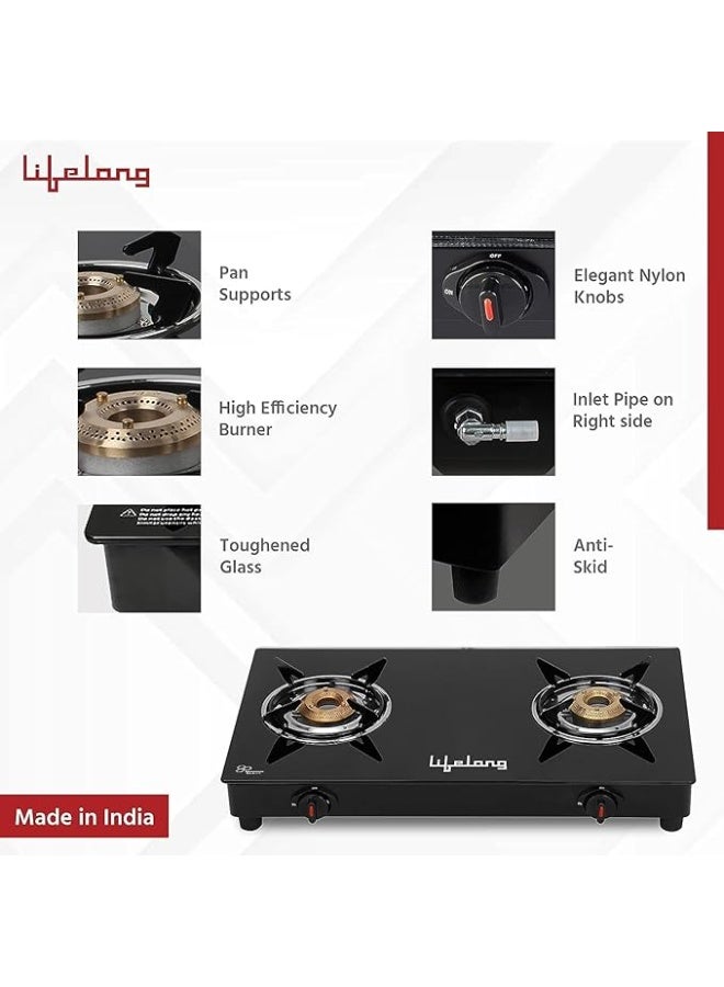 Lifelong 2 Burner Gas Stove Top for Kitchen - Automatic Ignition Cooktop Modern Glass Stove for Modular Kitchen, ISI Certified & Compatible with LPG - 1 Year Manufacturer's (Black, LLGS912) - Image 2