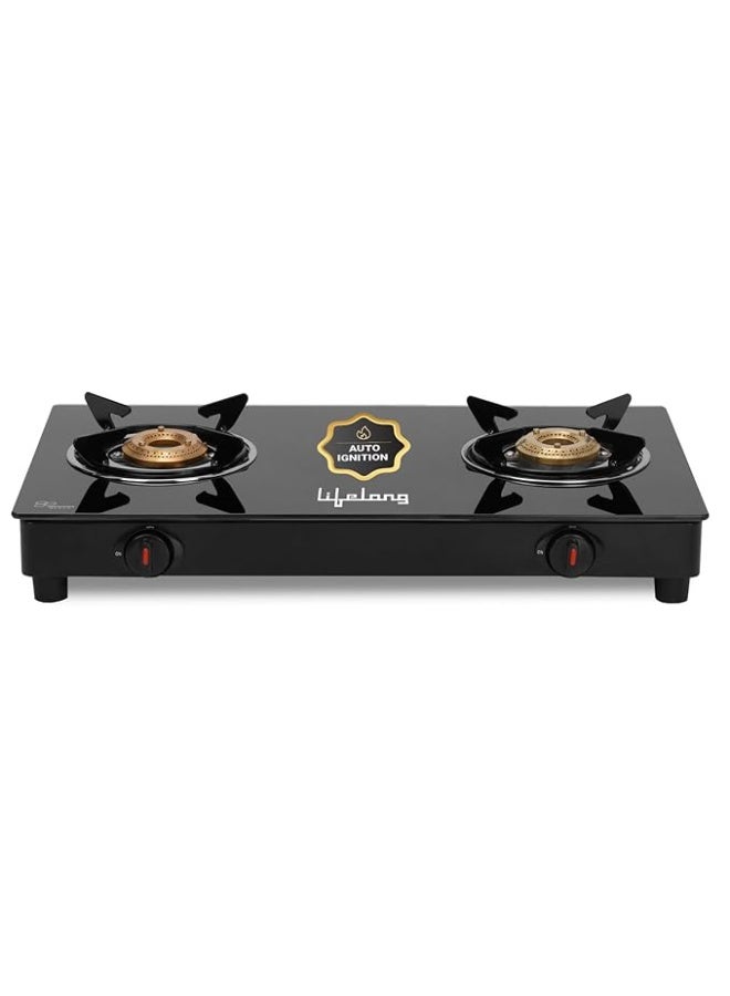 Lifelong 2 Burner Gas Stove Top for Kitchen - Automatic Ignition Cooktop Modern Glass Stove for Modular Kitchen, ISI Certified & Compatible with LPG - 1 Year Manufacturer's (Black, LLGS912) - Image 1