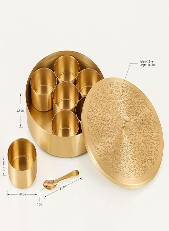 SURAKO COLLECTIONS Handcrafted Pure Brass Spice Box for Kitchen | 7 Detachable Containers with Spoon | Floral Etched Masala Box Masala Dani Masala Dabba, Golden (7 Inch) - Image 2