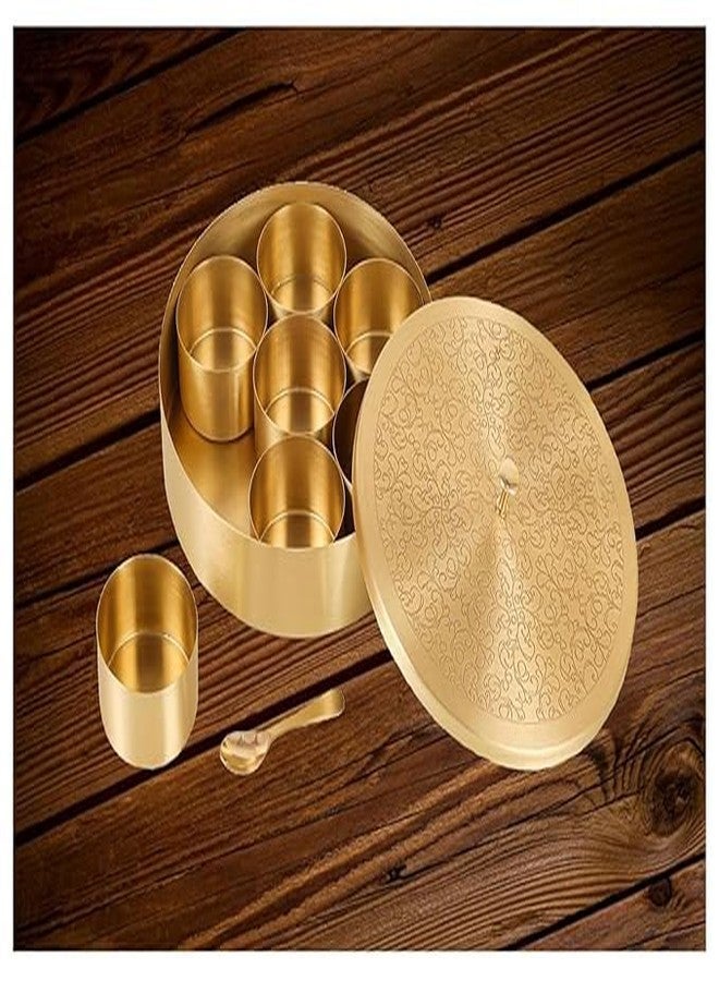 SURAKO COLLECTIONS Handcrafted Pure Brass Spice Box for Kitchen | 7 Detachable Containers with Spoon | Floral Etched Masala Box Masala Dani Masala Dabba, Golden (7 Inch) - Image 3