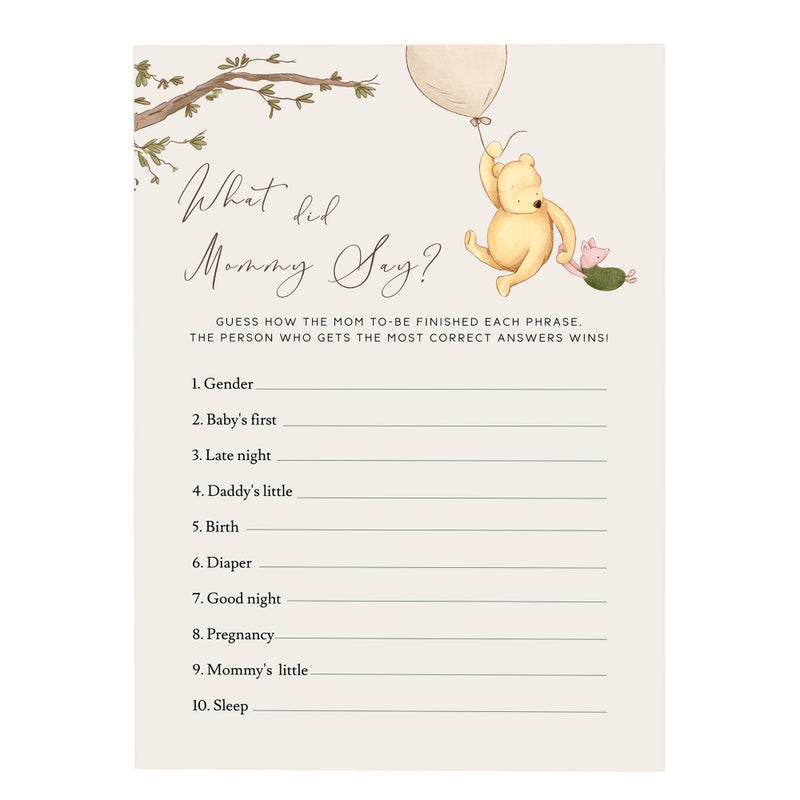 Misaidou Winnie The Pooh Baby Shower Game Cards, What Did Mommy Say, Set of 30, Party Games & Activities, Decorations - Image 1