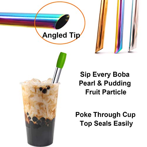 morneve Boba Straws, Reusable Straw Metal Smoothies Jumbo Bubble Tea Tapioca Pearls Milkshake Straws, Pointed Stainless Steel Drinking Straws with Silicone Tips Carry Bag Brush 12mm 0.5" Wide, Silver 4 Pack - Image 3