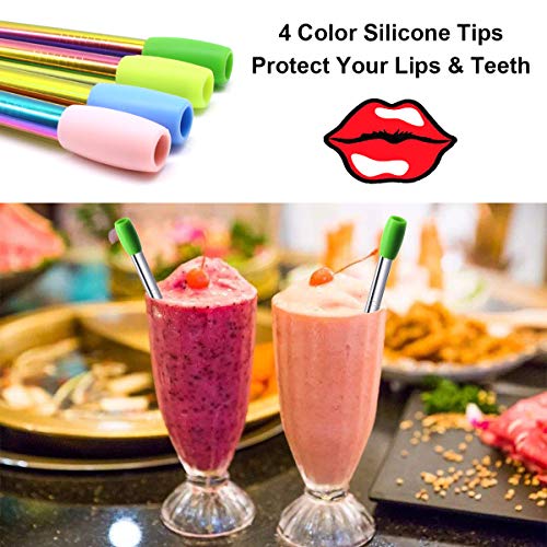 morneve Boba Straws, Reusable Straw Metal Smoothies Jumbo Bubble Tea Tapioca Pearls Milkshake Straws, Pointed Stainless Steel Drinking Straws with Silicone Tips Carry Bag Brush 12mm 0.5" Wide, Silver 4 Pack - Image 5