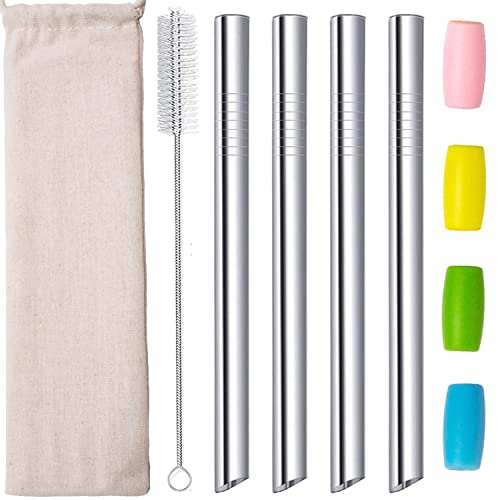 morneve Boba Straws, Reusable Straw Metal Smoothies Jumbo Bubble Tea Tapioca Pearls Milkshake Straws, Pointed Stainless Steel Drinking Straws with Silicone Tips Carry Bag Brush 12mm 0.5" Wide, Silver 4 Pack - Image 1