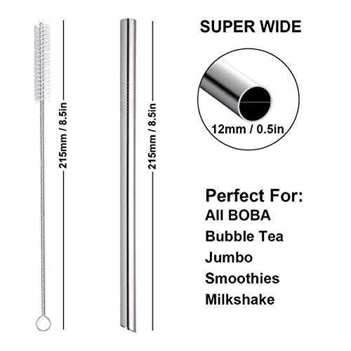 morneve Boba Straws, Reusable Straw Metal Smoothies Jumbo Bubble Tea Tapioca Pearls Milkshake Straws, Pointed Stainless Steel Drinking Straws with Silicone Tips Carry Bag Brush 12mm 0.5" Wide, Silver 4 Pack - Image 2