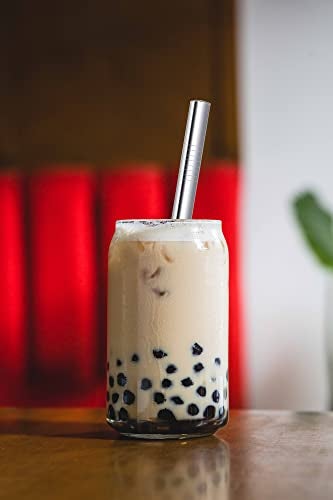 morneve Boba Straws, Reusable Straw Metal Smoothies Jumbo Bubble Tea Tapioca Pearls Milkshake Straws, Pointed Stainless Steel Drinking Straws with Silicone Tips Carry Bag Brush 12mm 0.5" Wide, Silver 4 Pack - Image 4