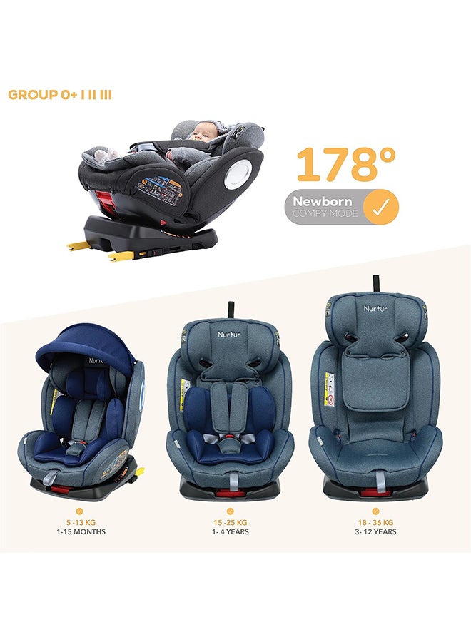 Nurtur Ultra Baby/Kids 4-in-1 Car Seat - 360Â° Rotation - ISOFIX â€“ 9-Level Adjustable Headrest and Canopy - 0 months to 12 years (Group 0+/1/2/3), Upto 36kg - Navy - Image 4