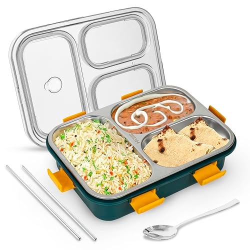 TEKCOOL Lunch Box for Adults - Lunch Box for Kids with Spoon & Fork - Stainless Steel Lunch Box with 3 Compartment - Durable Perfect Size for On-The-Go Meal, BPA-Free - Image 1
