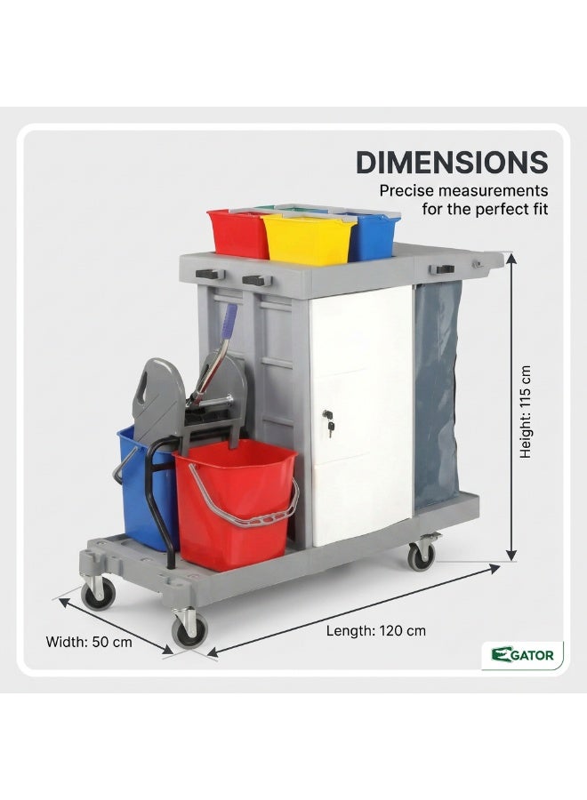Gator Multifunction Cleaning Trolley | Professional Janitorial Service Cart with Storage Shelves, Bucket Platform & Waste Bag Holder - Image 4