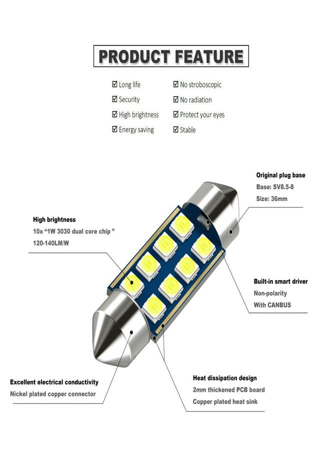 DODOFUN 12V 36MM Festoon 6418 DE3423 DE3425 6000K White Extra Bright LED Bulbs for Car Interior Lights License Plate Map Dome Trunk Door Courtesy Light 8-SMD Chipset Canbus Error Free - Image 3