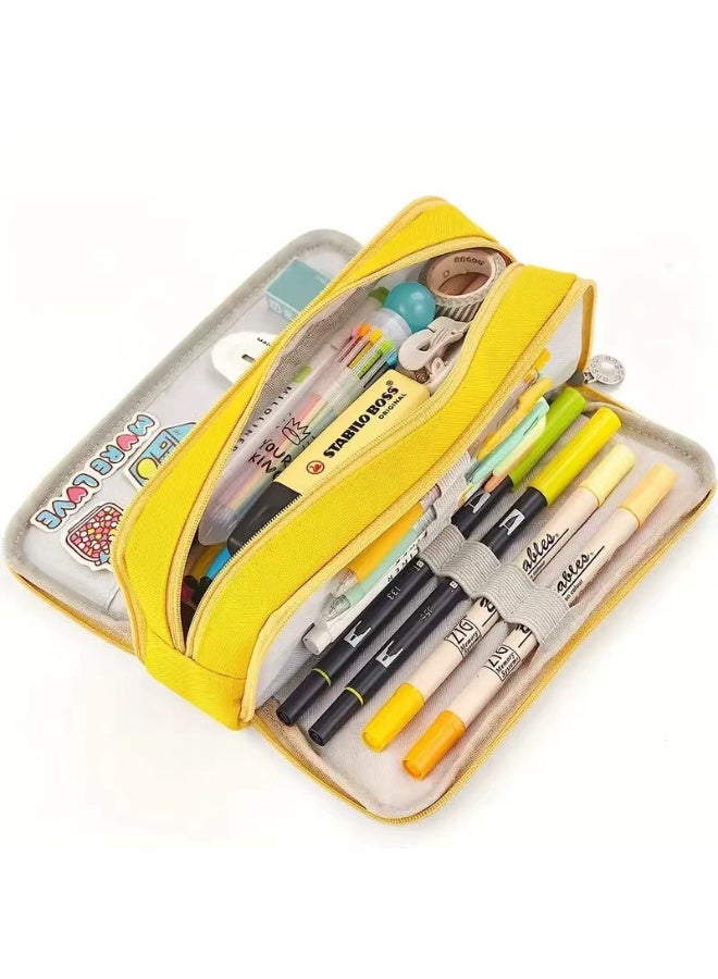 Large Capacity Pencil Bag Three Compartment Pencil Bag Suitable for School Teenagers Girls Boys Outdoor Travel Storage Bag - Yellow