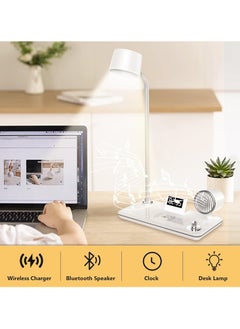 DIGI CORE LED Desk Lamps For Home Office, Wireless Charger Small Desk Lamp With Bluetooth Speaker Touch Lamps For Nightstand, Reading Night Light With Digital Clock Dimmable Light Side Table Lamp For College Dorm Room & Bedroom White  - Image 2