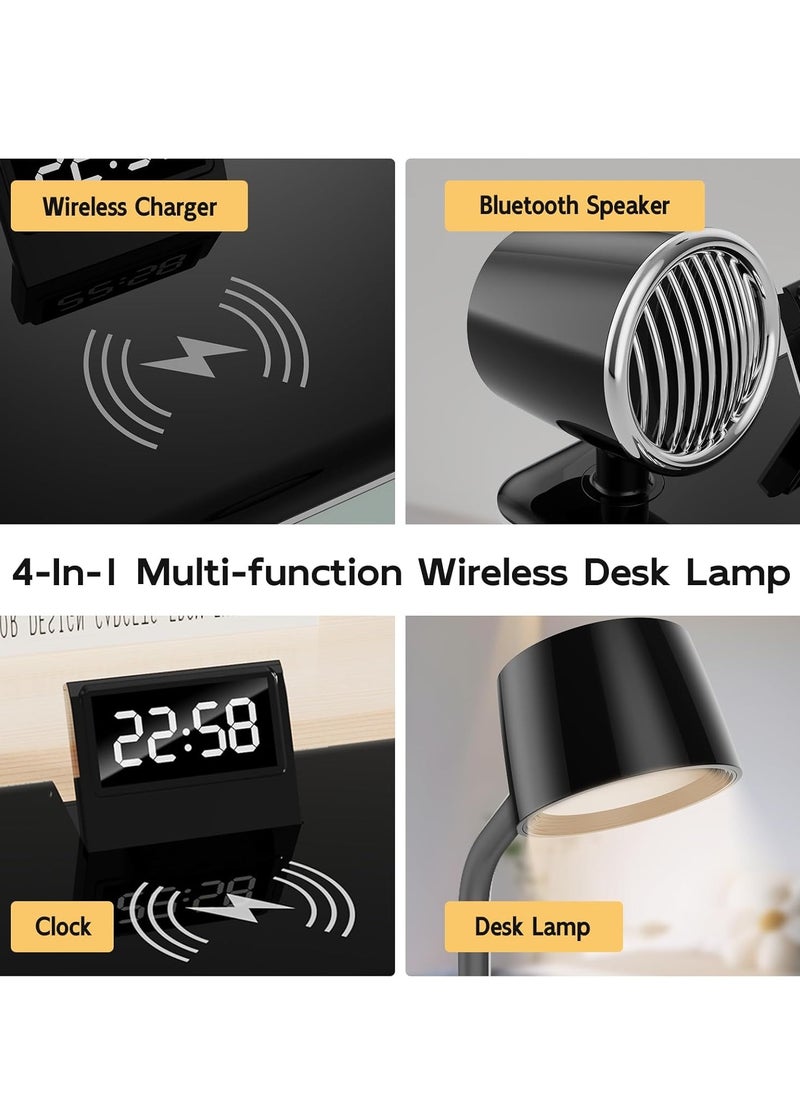 DIGI CORE - LED Desk Lamps For Home Office, Wireless Charger Small Desk Lamp With Bluetooth Speaker Touch Lamps For Nightstand, Reading Night Light With Digital Clock Dimmable Light Side Table Lamp For College Dorm Room & Bedroom White - Image 1