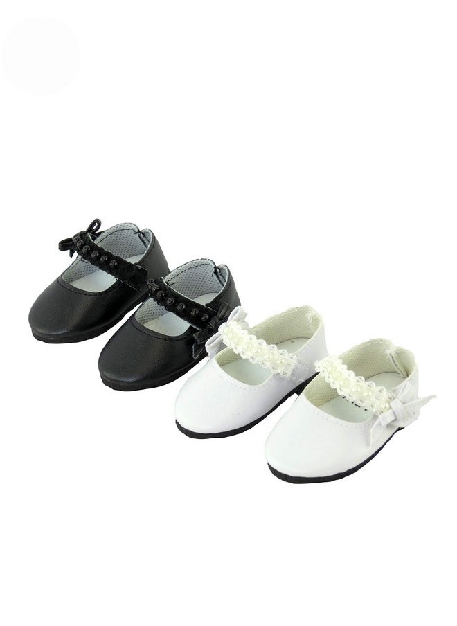 American Fashion World - Black And White Pearl Flats For 18 Inch Dolls 2 Pack Premium Quality & Trendy Design Dolls Shoes Shoe Fashion For Dolls For Popular Brands - Image 1