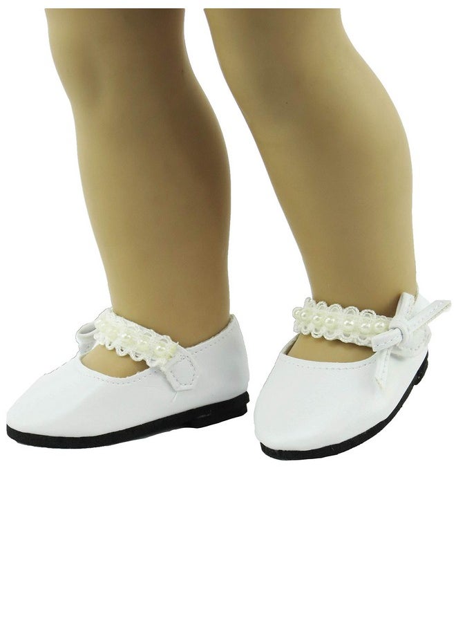 American Fashion World - Black And White Pearl Flats For 18 Inch Dolls 2 Pack Premium Quality & Trendy Design Dolls Shoes Shoe Fashion For Dolls For Popular Brands - Image 1
